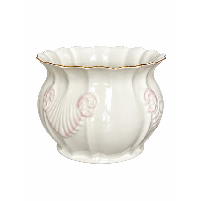 Belleek Georgian Shell Ivory and Blush Pink Parian Porcelain Cachepot With Gold Rim For Sale - Image 9 of 10