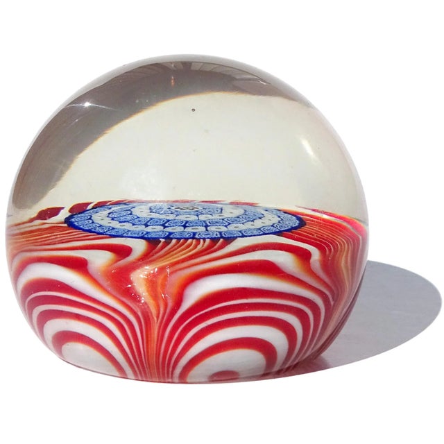 Galliano Ferro Vintage Murano Galliano Ferro Mandala Millefiori Flower Mosaic Red Swirl Italian Art Glass Paperweight For Sale - Image 4 of 6