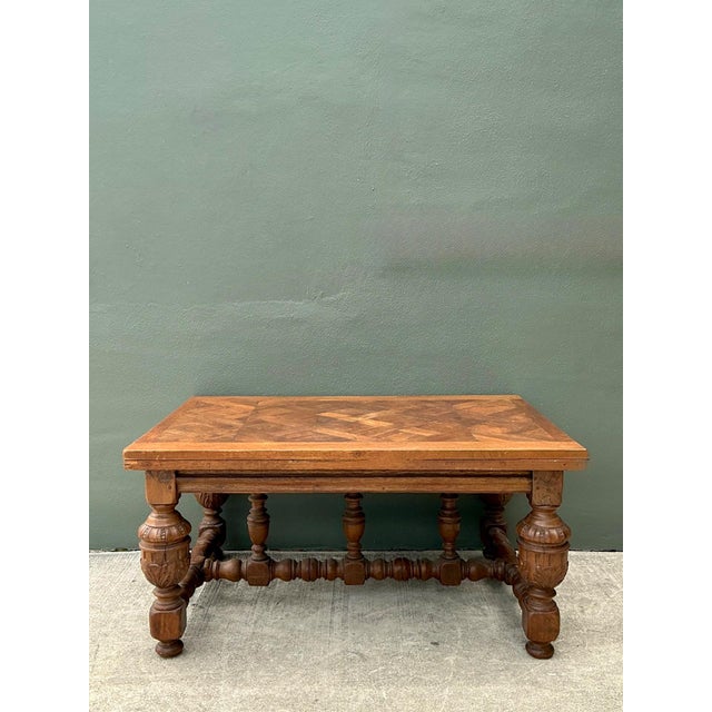 Vintage Spanish Carved Wood Parquet Extendable Dining Table For Sale - Image 11 of 13
