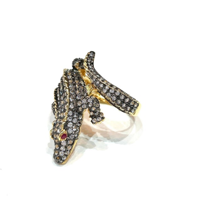 Bochic "Orient" Vintage Neoclassical Crocodile Topaz Ring 18K Gold & Silver For Sale - Image 18 of 18