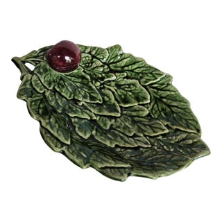 Vintage Portuguese Majolica Cabbage Leaf Serving Dish With Plum Handle For Sale