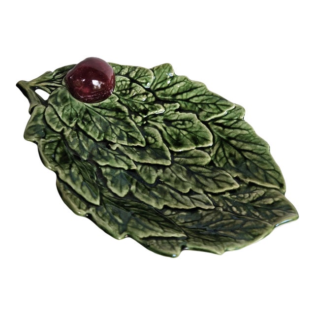 Vintage Portuguese Majolica Cabbage Leaf Serving Dish With Plum Handle For Sale