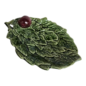 Vintage Portuguese Majolica Cabbage Leaf Serving Dish With Plum Handle