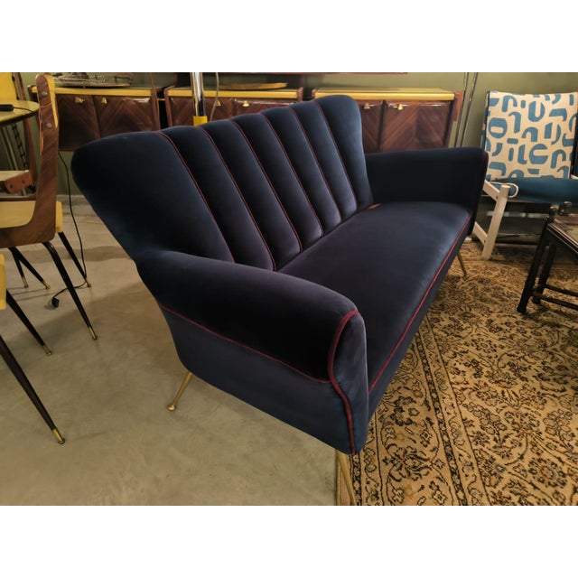 Blue Lounge Chair with Red Thread Edging, 1960s For Sale - Image 9 of 10