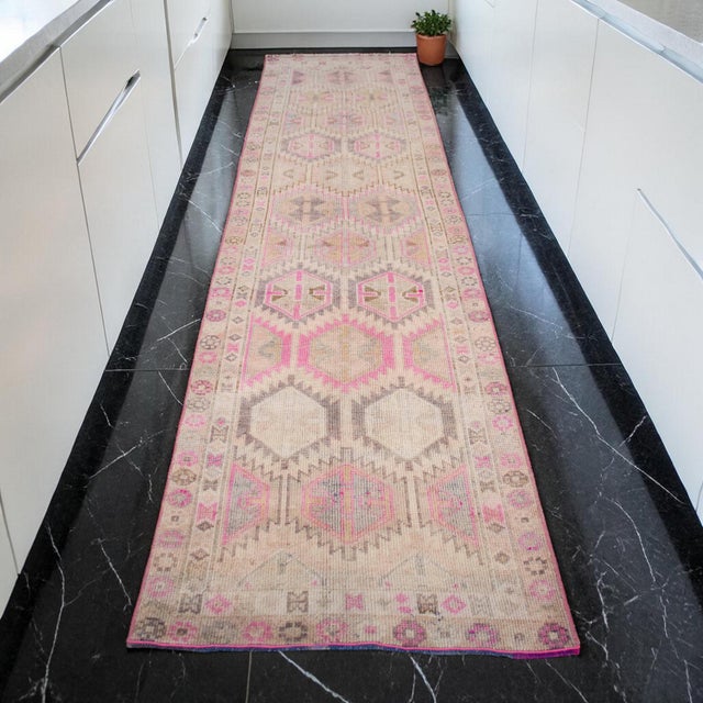 Mid-Century Modern Vintage Turkish Hand-Knotted Runner Rug Pink Hallway Kitchen Decor - 2′9″ × 10′ For Sale - Image 3 of 17