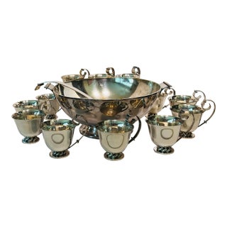 Mid-Century Silver Plated Punch Bowl Set by Royal Hickman- 14 Pieces For Sale