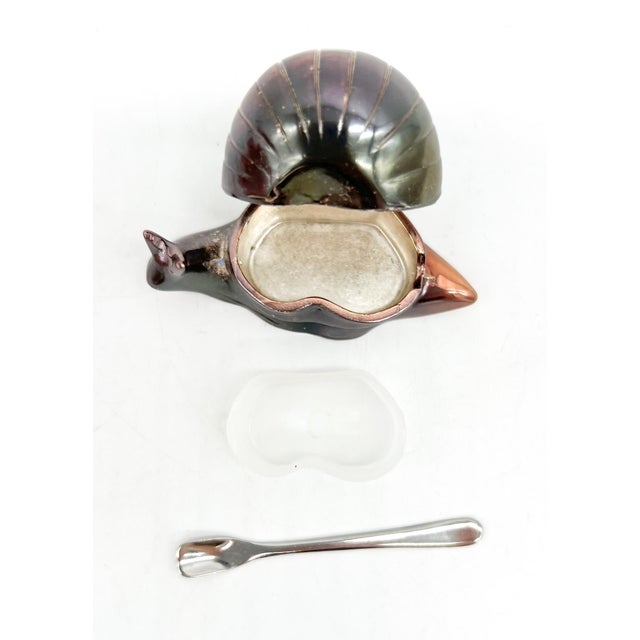 Arthur Silverman Mid 20th Century Patinaed Silver Plated Snail Salt Cellar — Hinged Shell, Plastic Liner & Spoon- Boho Chic, Coastal For Sale - Image 4 of 9