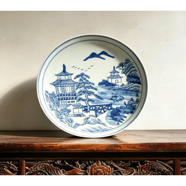 Art Deco Chinese Ceramic Plate,Blue and White Porcelain Plate Hand Painted Landscape Pattern For Sale - Image 3 of 10