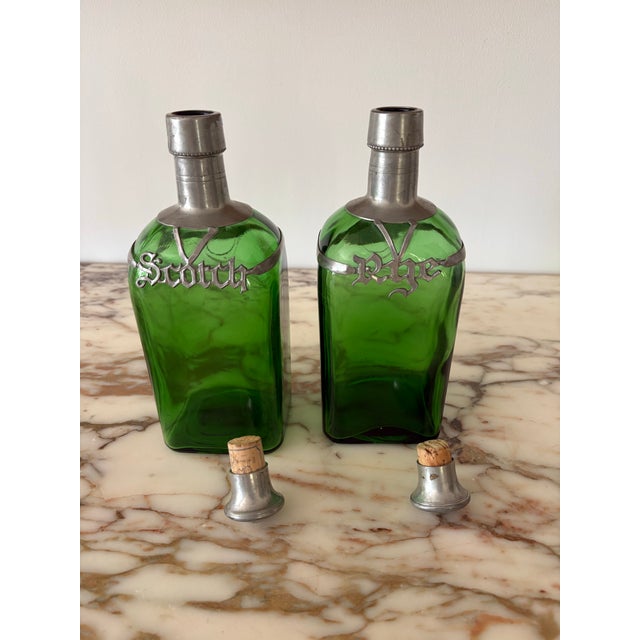 Vintage Green Glass Decanters With Pewter Cage and Stopper - Pair For Sale - Image 6 of 9