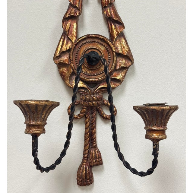 Mid 20th Century Vintage Ribbon and Tassel Motif Gilt Wood and Twist Iron Wall Candle Sconce For Sale - Image 5 of 6