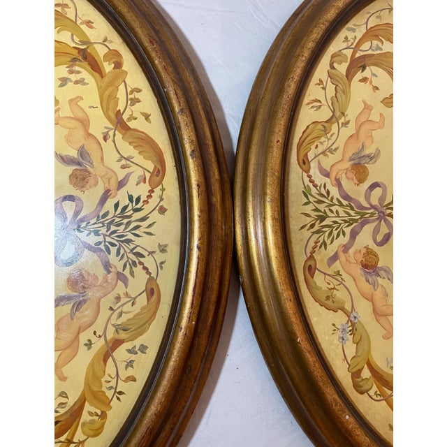 Pair of 2 Large Vintage Oval Original Hand Painted Oil Painting Cherub Frescos For Sale - Image 14 of 15