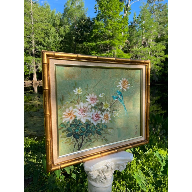 Original Asian watercolor Florals and birds concept Hand painted and signed Bamboo Design Frame Cork Print 1970-1980