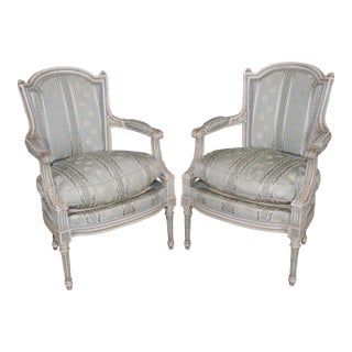Pair of Antique Louis XVI Style Paint Decorated Arm Chairs by Maison Jansen For Sale