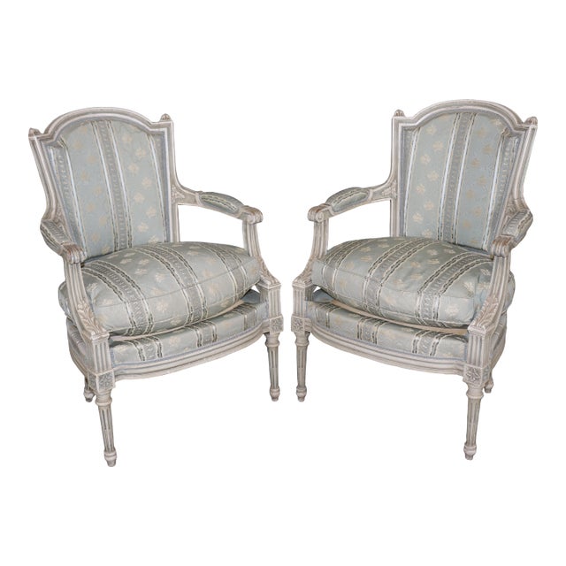 Pair of Antique Louis XVI Style Paint Decorated Arm Chairs by Maison Jansen For Sale