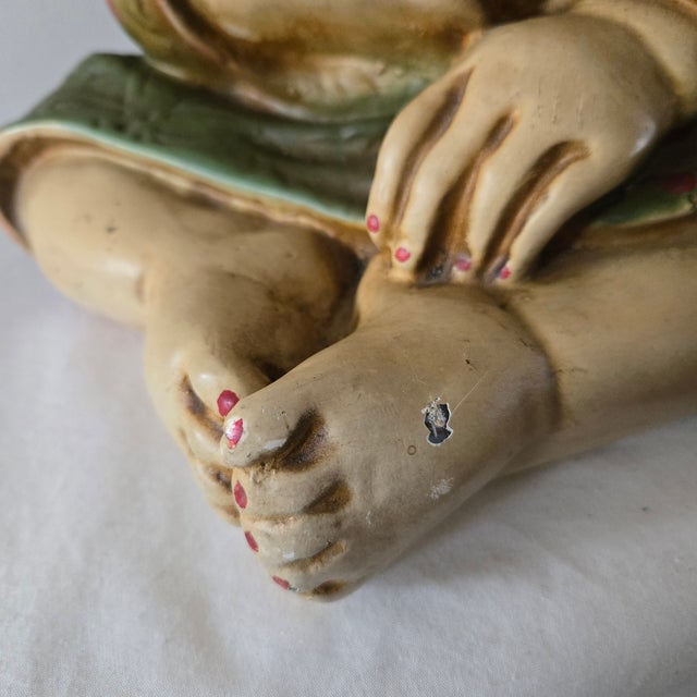 Mid 20th Century Vintage Chalkware Asian Sitting Child Chubby Cheeks Kimono Designer Repros La Signed For Sale - Image 5 of 13