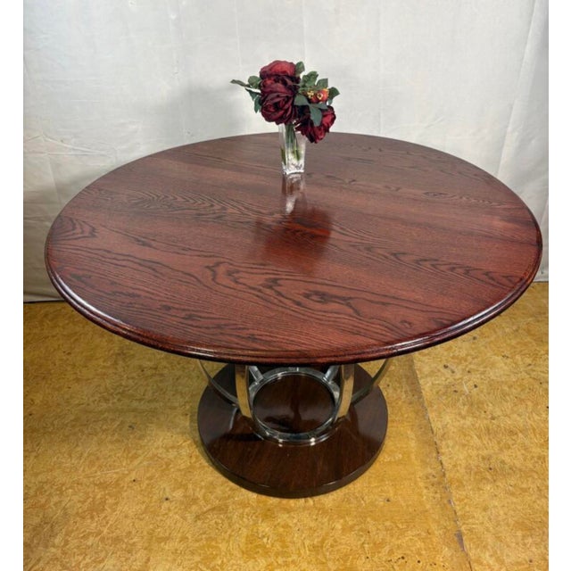 Vintage Art Deco Round Dining Table with Oak Top & Chrome Base, 1990s For Sale - Image 4 of 9