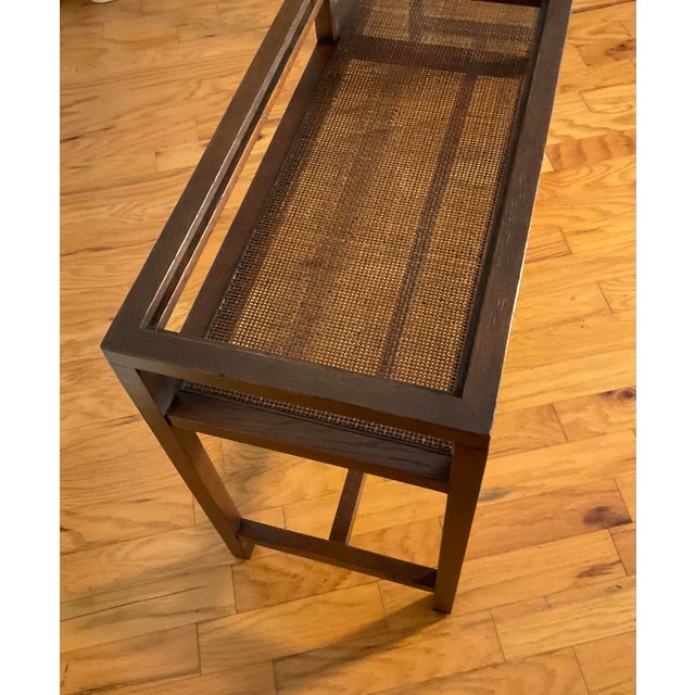 1970s Console Sofa Table Glass Top With Caned Shelf Midcentury Modern For Sale - Image 9 of 12