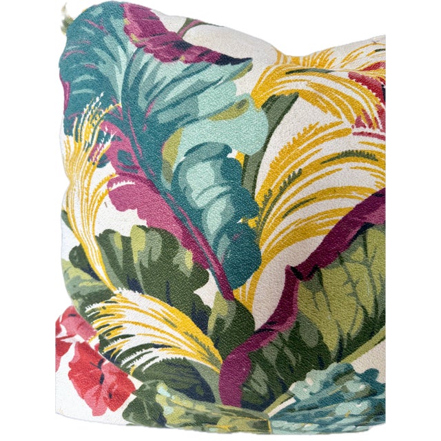 Textile Pair Large Vintage Tropical Floral & Leaf Barkcloth Pillows For Sale - Image 7 of 10