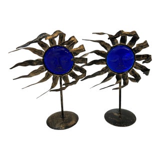 Pair of 2000s Metal and Glass Sun Candle Holders For Sale