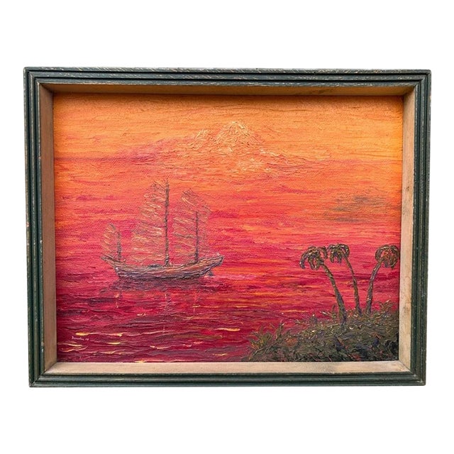 Vintage 1968 American Contemporary Style Chinese Junk Ship Seascape Framed Oil Painting on Canvas Board by Bernie Hill (Louisiana) For Sale