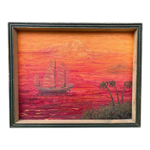 Vintage 1968 American Contemporary Style Chinese Junk Ship Seascape Framed Oil Painting on Canvas Board by Bernie Hill (Louisiana)