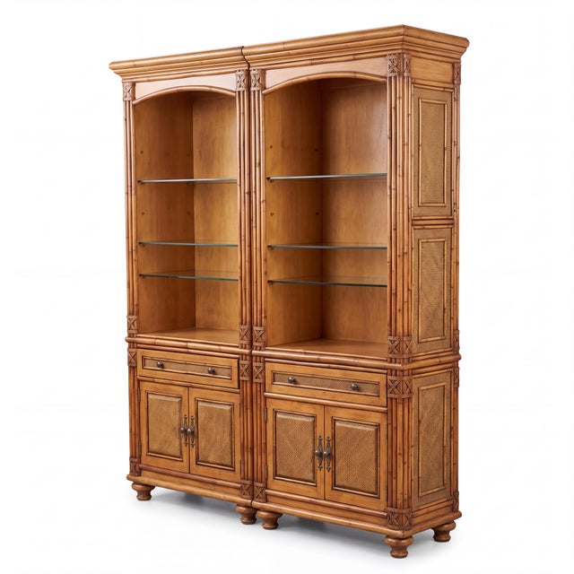 Regency Coastal Style Faux Bamboo Fruitwood Bookcases / Display Cabinets - S/2 For Sale - Image 10 of 11