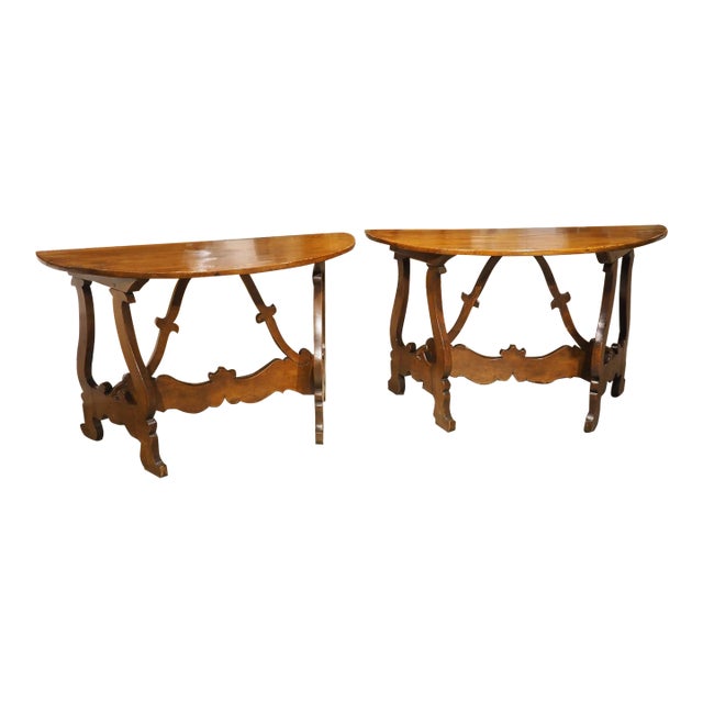 Pair of 18th Century Walnut Demi-Lune Consoles or Dining Table, Piedmont, Italy For Sale