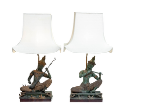 Vintage Asian Table Lamps with Bronze / Gild Statues of Phra Aphai Mani, 1970s, Set of 2