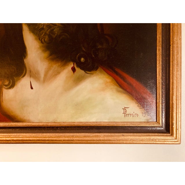 Antique Oil Portrait of Jesus Christ With Crown of Thorns Shoulder Draped With Scarlet Robe Painted in 1922 D Ferreiro For Sale In Dallas - Image 6 of 11