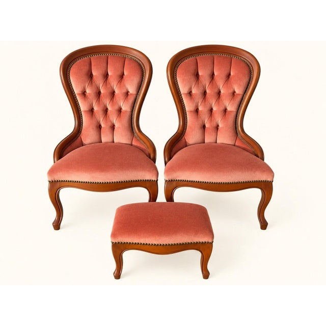 19th Century Louis-Philippe Style Armchairs and Pouf in Pink Velvet, Set of 3 For Sale - Image 12 of 12