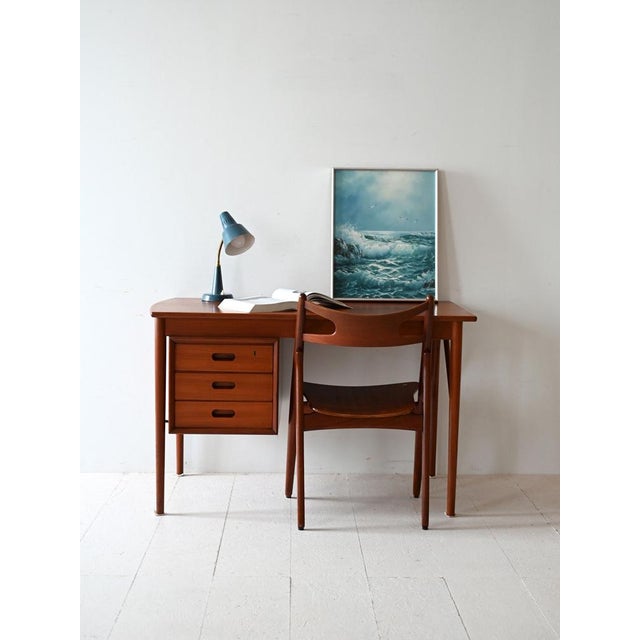 1950s/60s desk in teak, with lateral block of three drawers and elegant construction details. Vintage Scandinavian desk...