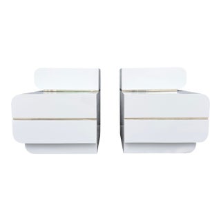 Postmodern Galactic White Gloss Laminate Waterfall Nightstands - A Pair For Sale