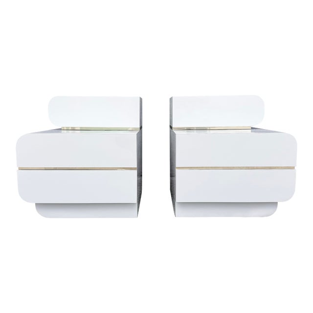 Postmodern Galactic White Gloss Laminate Waterfall Nightstands - A Pair For Sale