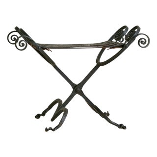 Vintage Spanish Brutalist Wrought Iron + Tooled Leather Folding Stool For Sale