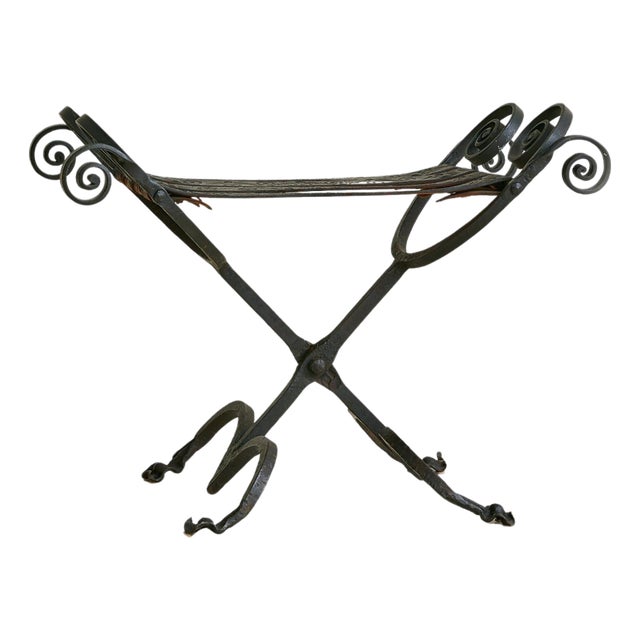 Vintage Spanish Brutalist Wrought Iron + Tooled Leather Folding Stool For Sale