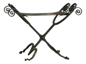 Vintage Spanish Brutalist Wrought Iron + Tooled Leather Folding Stool