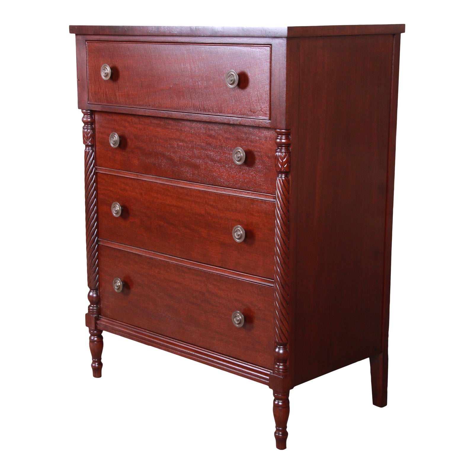 Kindel Furniture American Empire Carved Mahogany Highboy Dresser, Newly