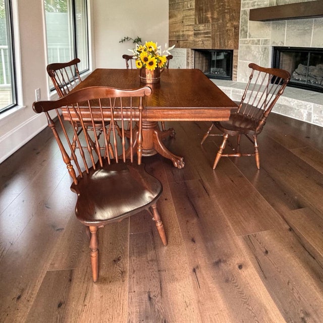 Brown 1930s Tiger Oak/Quarter Sawn Table With Color Matched Ethan Allen (Old Tavern) Fiddleback Windsor Chairs - All High End Handcrafted Furnitire For Sale - Image 8 of 12