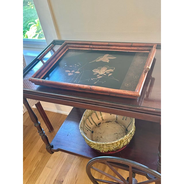 Chinoiserie Vintage “Art De Chine” Bamboo and Black Lacquer Tray Attributed to Palecek For Sale - Image 3 of 12