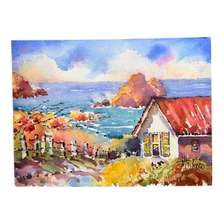 Original Joyce Hicks Watercolor, Signed & Dated 2003, Coastal Cottage Landscape For Sale
