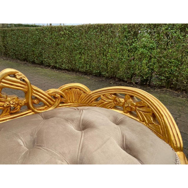 Late 20th Century French Louis XVI Gold Beech Settee Tan Velvet For Sale - Image 9 of 11