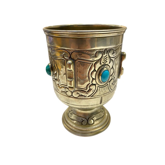 Vintage Alpaca Silver Spanish Goblet Cup With Turquoise Color Cabochon Stone Accents For Sale In San Francisco - Image 6 of 16