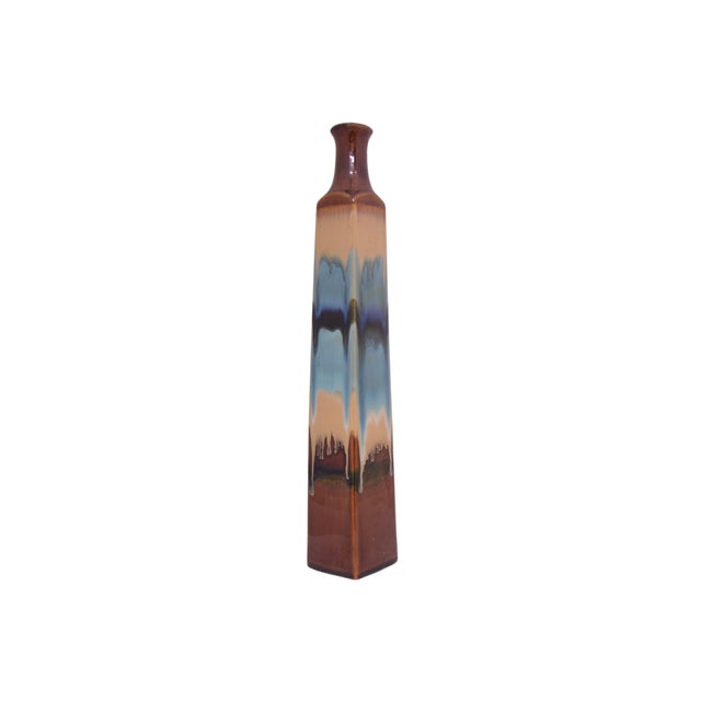 Tall 18 inch prism spire rectangular vase with well controlled drip glaze design in aqua, teal, ochre, brown and ebony. No...