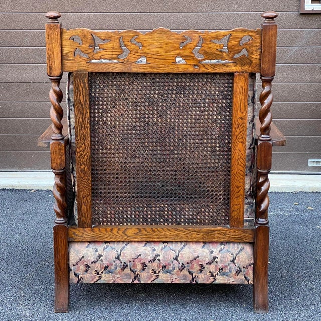 Antique Carved English Oak Barley Twist Lounge Chair With Caned Back & Sides For Sale - Image 4 of 13