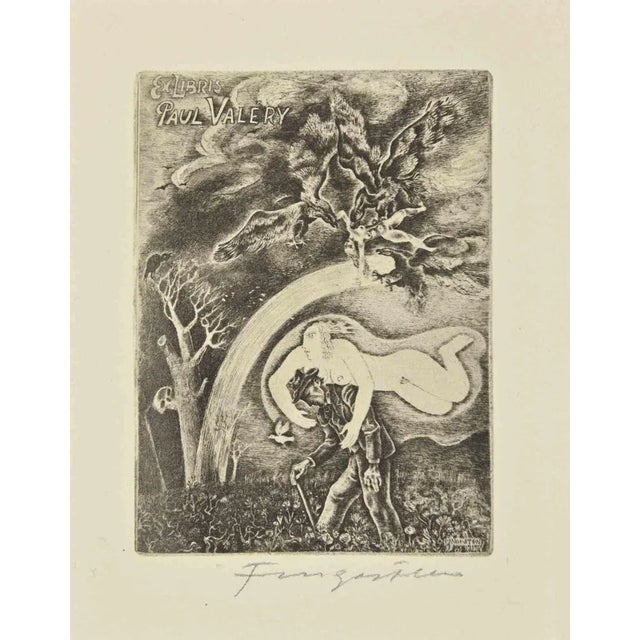 Ex Libris - Paul Valery is an Etching print realized by Michel Fingesten. Hand Signed in the lower right margin. Good...