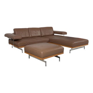 Model 24/7 Corner Sofa and Ottoman in Brown Leather, Wood and Chrome from Joop, Set of 2 For Sale