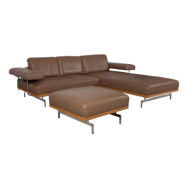 Model 24/7 Corner Sofa and Ottoman in Brown Leather, Wood and Chrome from Joop, Set of 2 For Sale