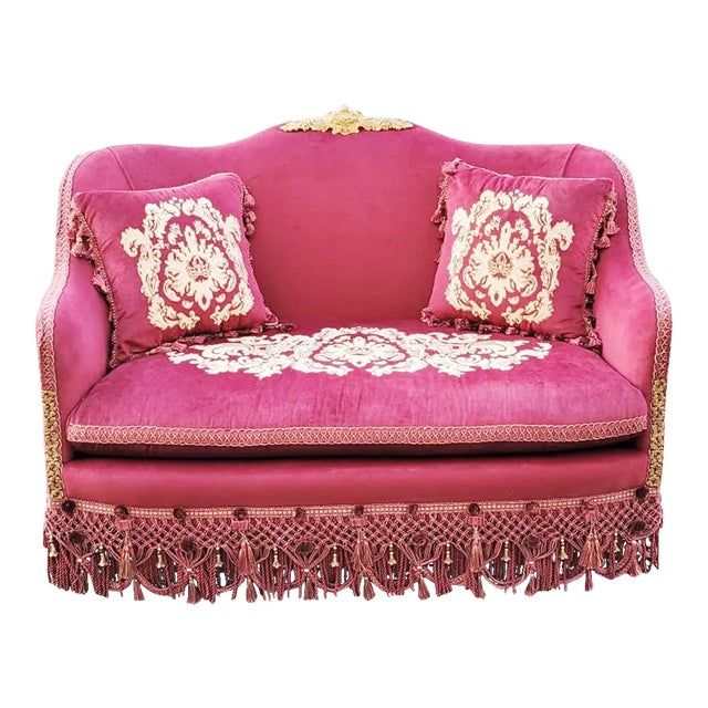 1960s Elegant Burgundy Loveseat Embroidery Sofa For Sale