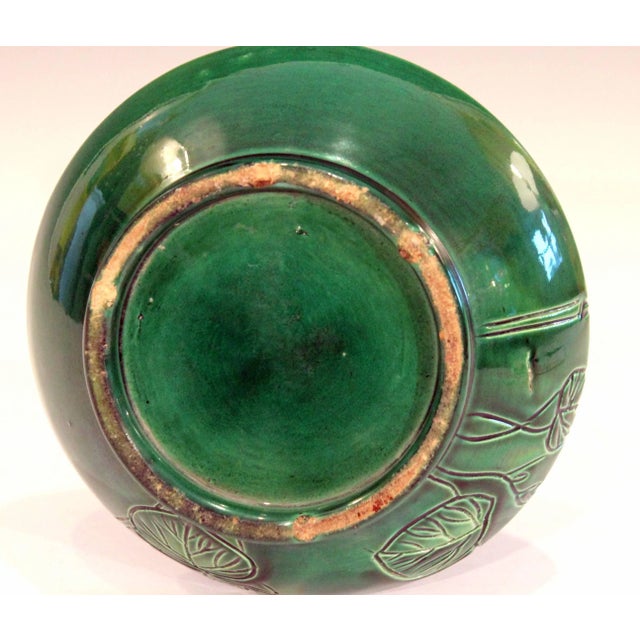 1910s Antique Awaji Pottery Japanese Green Monochrome Bottle Vase Incised Bell Flowers For Sale - Image 5 of 11