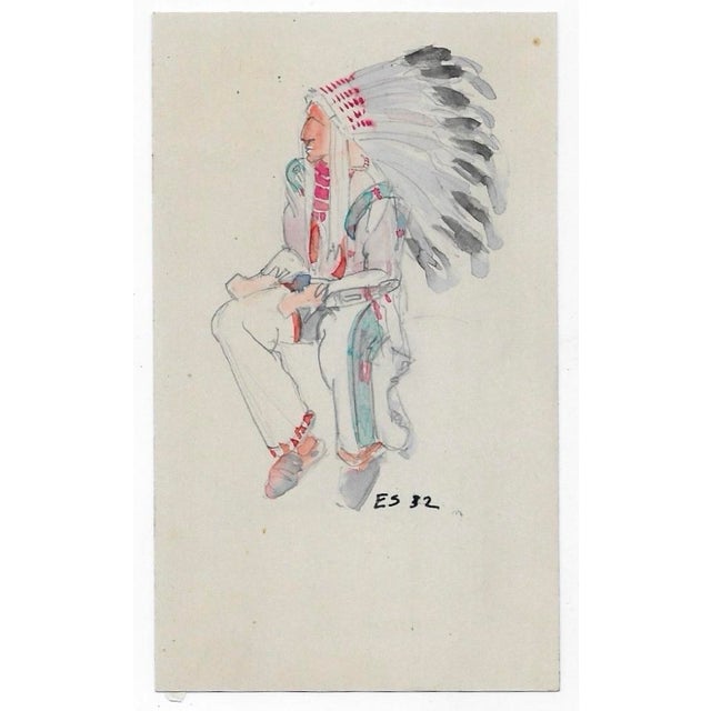 1932 Native American in a headdress (then called an Indian) painting on a note card by Boston area artist Eunice Starkie....